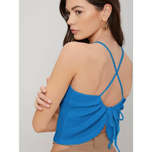 ruched SMOCKED DRAWSTRING backless CAMI crop TOP black - Picture 7 of 11